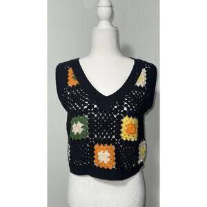 VTG Women S Top Y2K Crochet Knit Cottagecore Granny Square Floral Cropped Soft